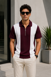 🍷 Premium Burgundy Contrast Zip Polo Shirt